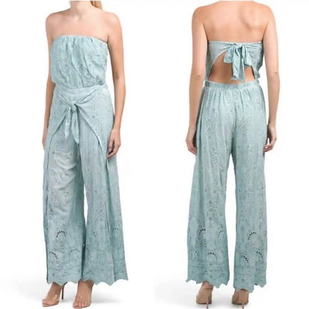 Young‎ Fabulous & Broke Ellis Strapless Eyelet Jumpsuit Surf Blue Women Medium
